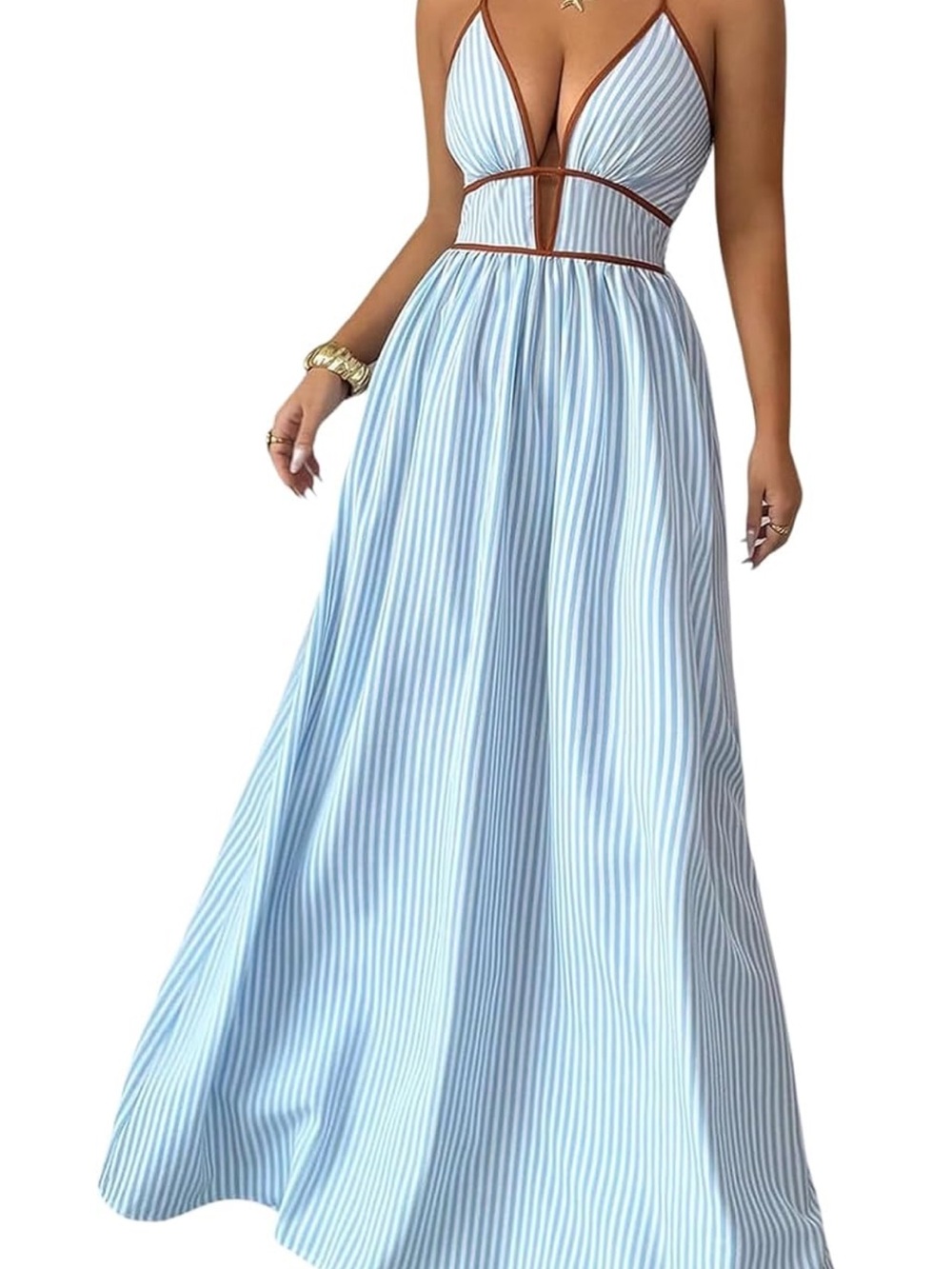 Amazon Light Blue and White Striped Maxi Dress with Brown Trim